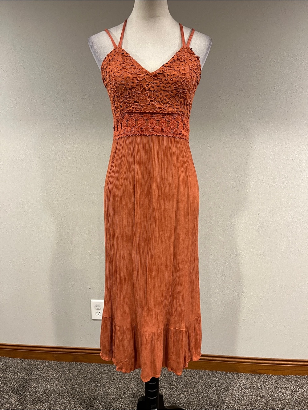 Maurices Rust Lace Bodice Spaghetti Strap Midi Dress size small
